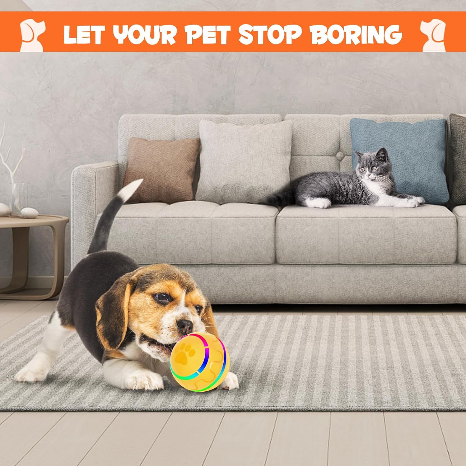 Interactive Dog Ball Toys, Pet Ball for Dogs, Durable Automatic Rolling Ball with Led, Flash Lights for Small Medium Dogs Breed, Wicked Ball with Motion Activat BPA-Free USB Rechargeable (Yellow)