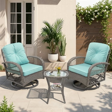 SEGMART 3 PCS Patio Swivel Rocker Set, PE Rattan Swivel Bistro Table Set, Outdoor Conversation Set with Glass Tabletop and Cushions for Balcony Patio Deck Poolside