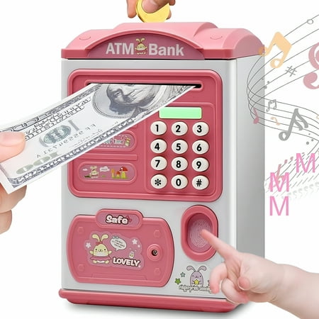 BESTSKY Piggy Bank Toys for Girls (Age: 3-12),Money Bank Save Money Toys with Password Code&Fingerprint Lock,Auto Grab Bill Slot,Great Birthday Gifts (Pink)