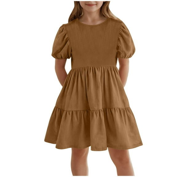 felwors Girls Dress Linen Boho Party Ruffle Sleeve A-Line Floral Hem Loose Fit Summer Outfits for 5-12 Years Kids Brown, 5-6 Years