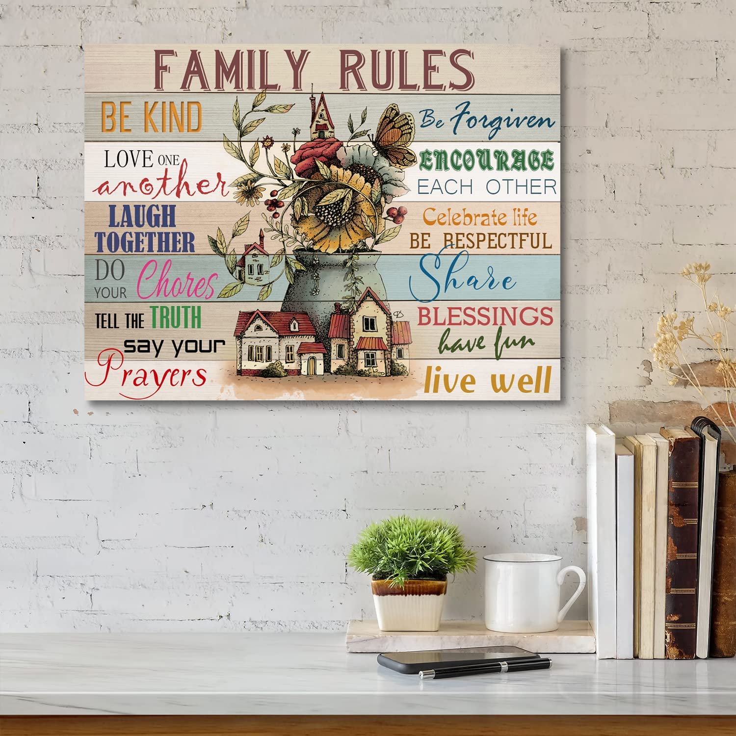 Inspirational Wall Art Retro Family Rules Decorative Plaque Castle Flower  Canvas Print Art Motivational Motto Wall Decor for Living Room Bedroom  Bathroom Kitchen Home Decor Gift 12x16