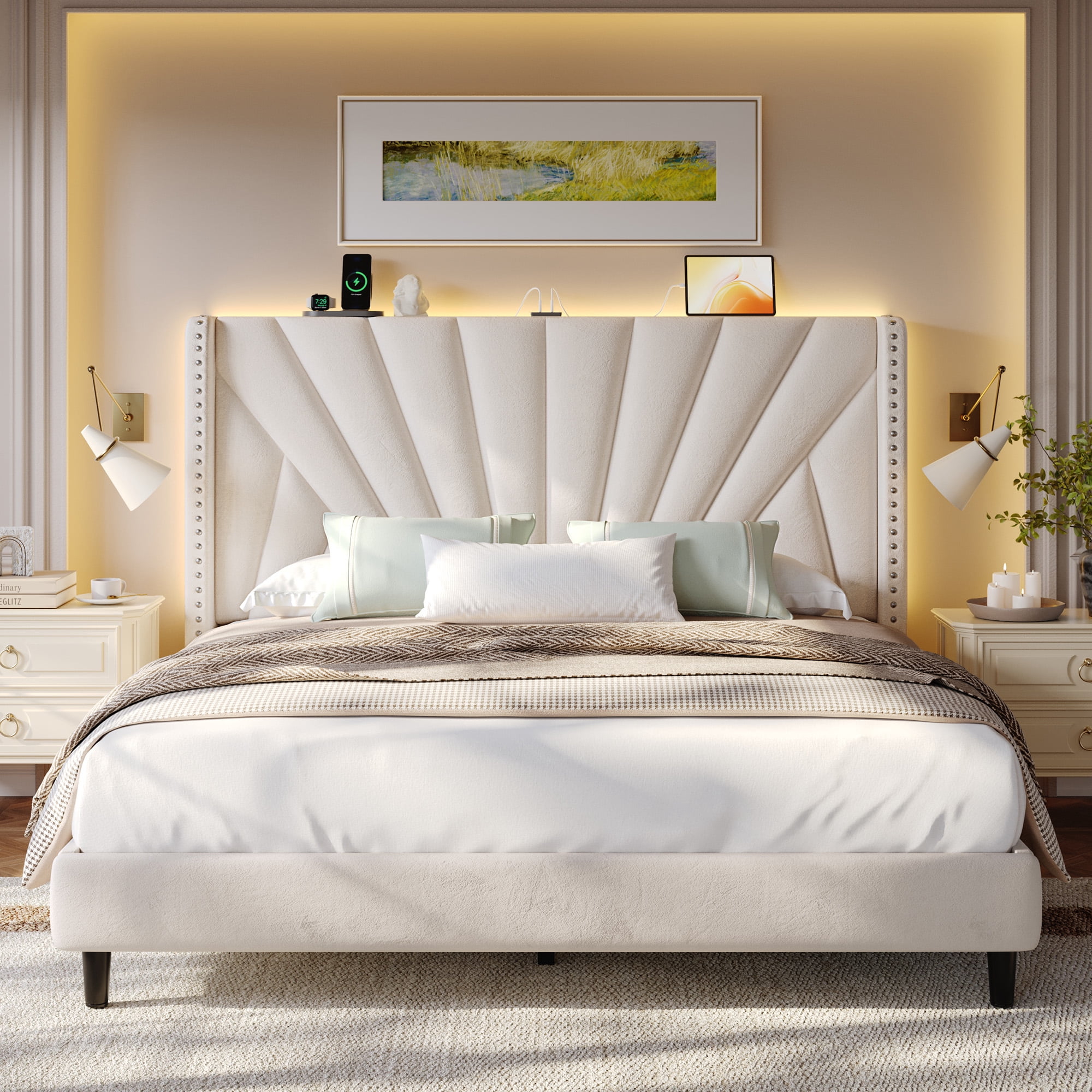 EnHomee Queen Bed Frame with 51"Tall Headboard Upholstered Queen Size Bed Frame with LED Lights & Charge Station, Beige No Box Spring Needed, Noise Free