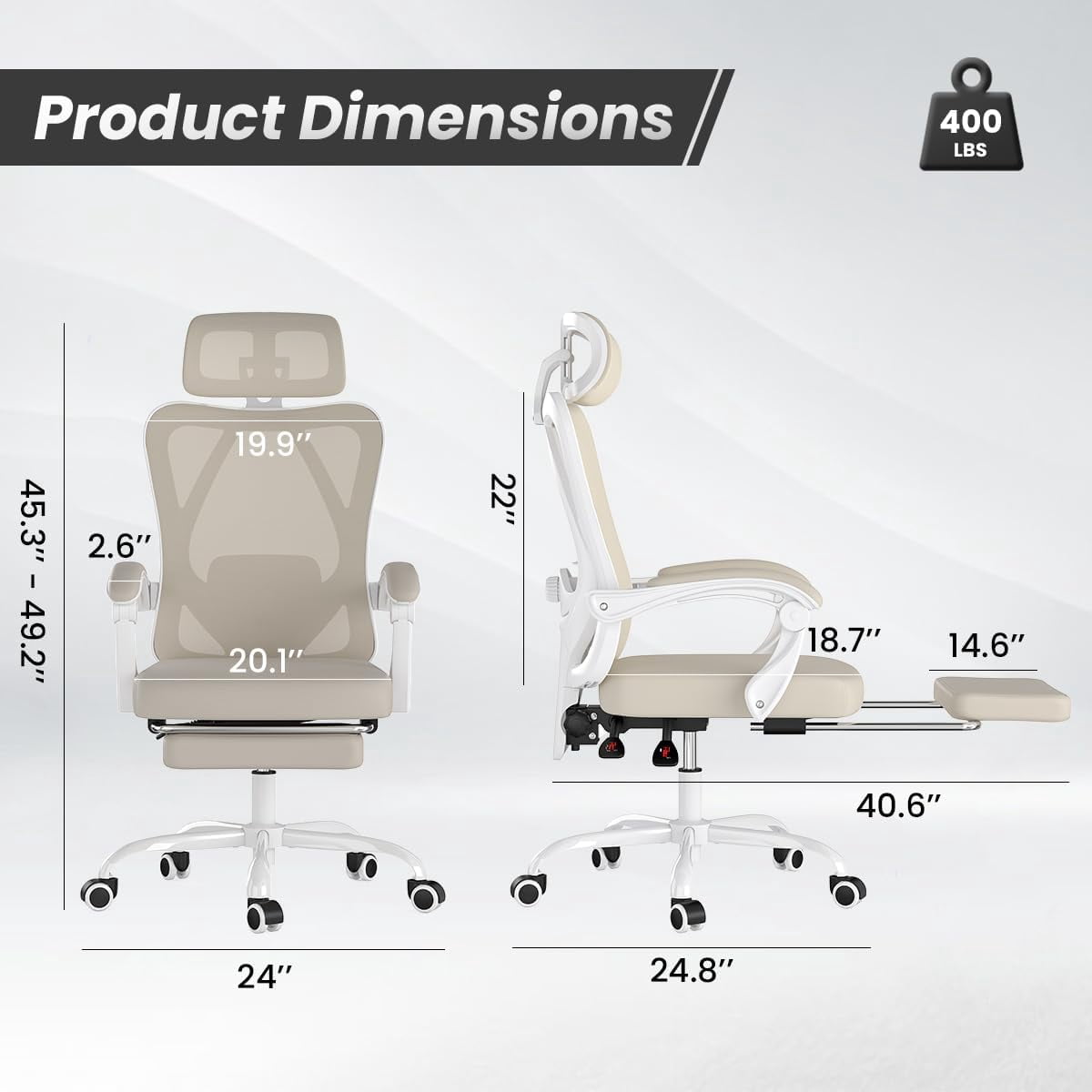 Farini Ergonomic Office Chair with Footrest, Mesh Office Desk Chair with Headrest, High Back Computer Chair with Adjustable Lumbar Support for Home Office Study Room Bedroom, White & Khaki