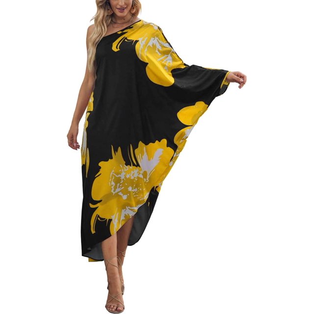 Xishao Mujer Kaftan Vestido Fuera del Hombro Caftan de Playa Cover Up Maxi Vestido Traje de Baño Estampado D-Yellow Floral D-Yellow Floral Xishao ropa