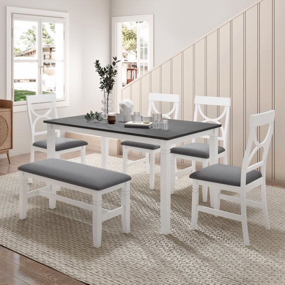 6-Piece Farmhouse Dining Table Set with Upholstered Bench & 4 Chairs, Counter Height Wood Table, Gray & White Kitchen Table for Family Dining & Casual Gatherings