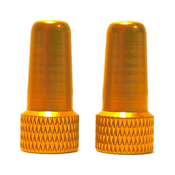 Road Up Two Aluminum Gold Presta Valve Cap Dust Covers for Bicycle Wheels and Tubes