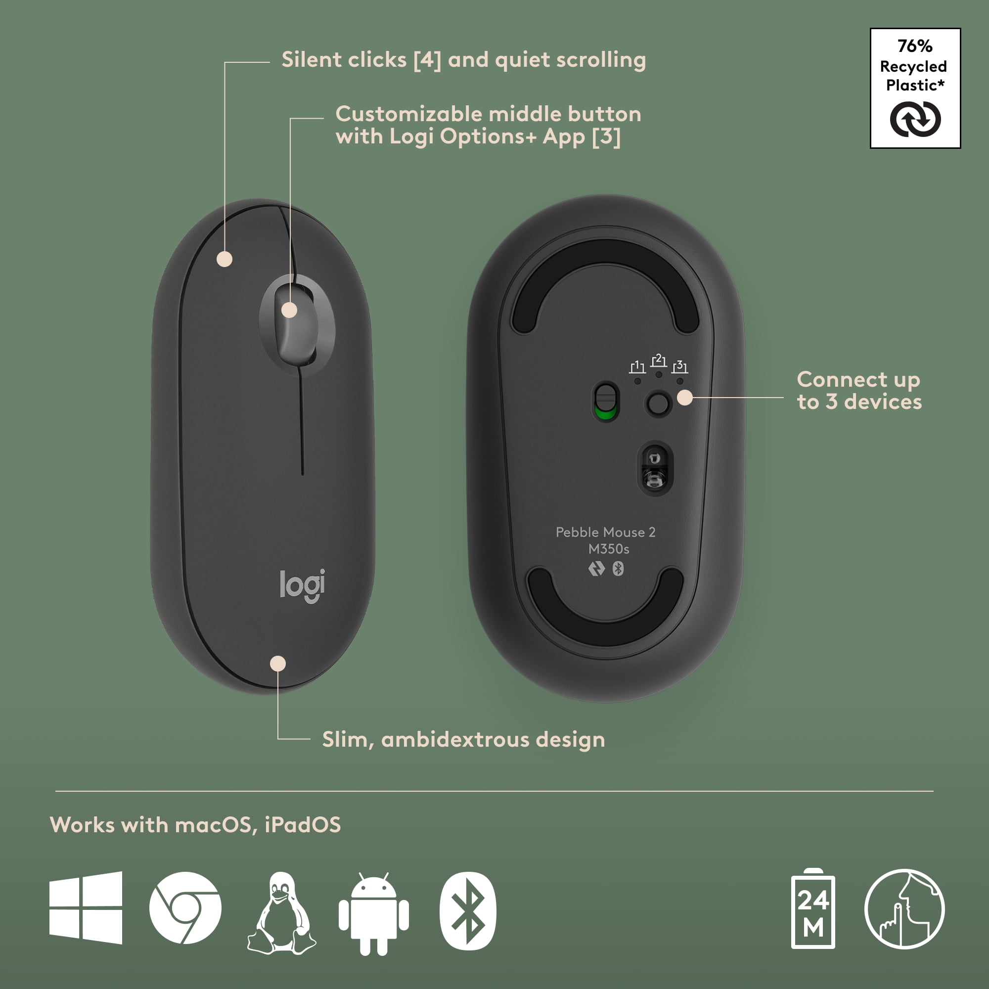 Logitech Pebble 2 Combo for Mac, Wireless Keyboard and Mouse, Slim, Quiet and Portable, Customizable, Bluetooth Mouse and Keyboard, Easy-Switch, Tonal Graphite