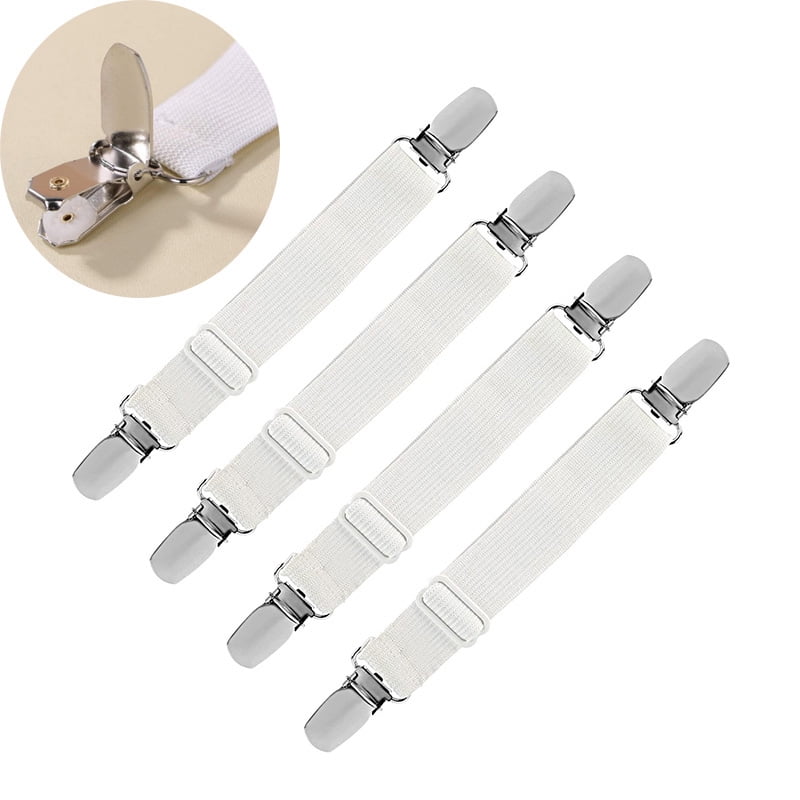 4pcs white Adjustable Elastic Bed Sheet Fasteners Holder Grippers with metal clips For Your Sheets 