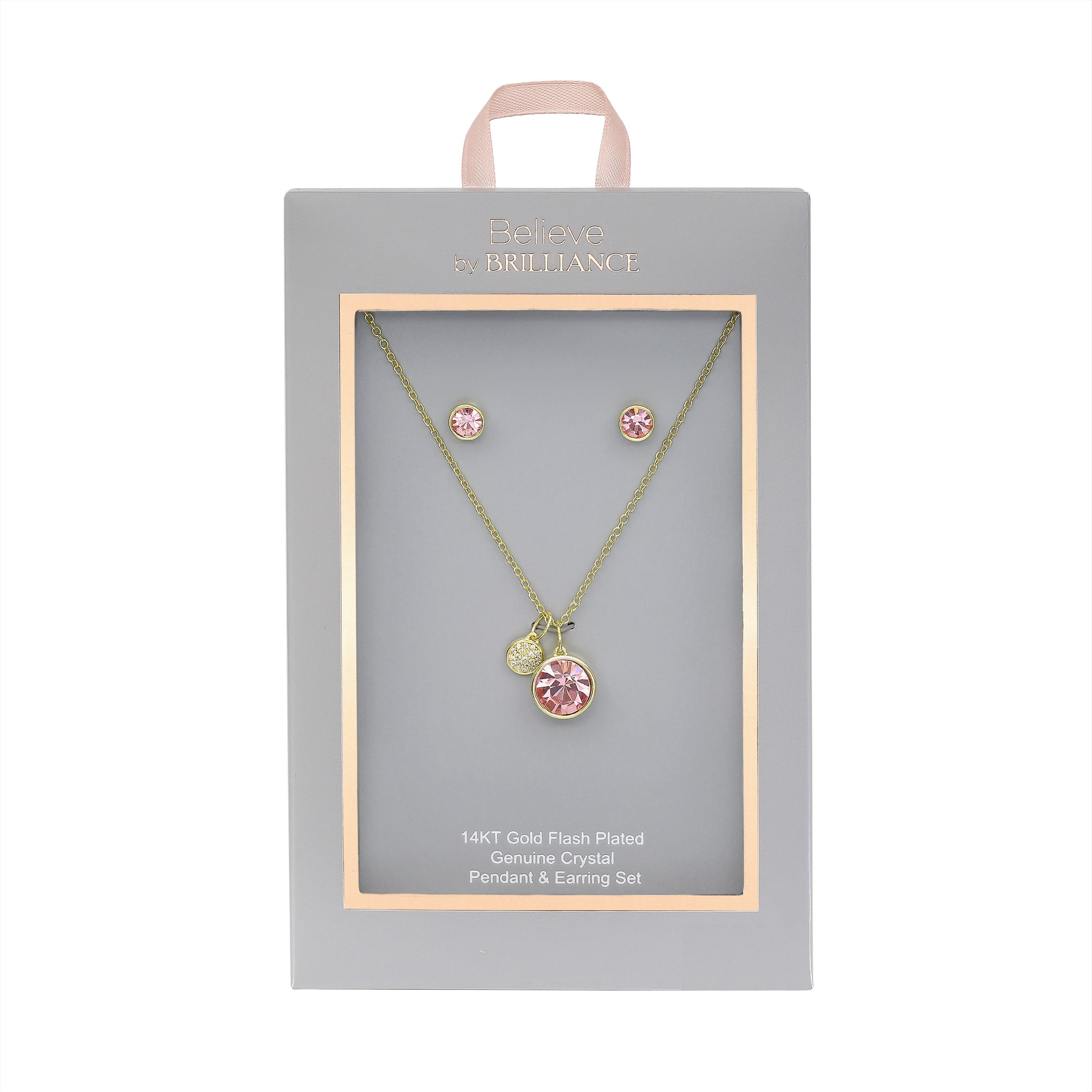 Believe by Brilliance 14KT Gold Flash Plated Earring and Necklace Set Featuring Pink Crystals Adult
