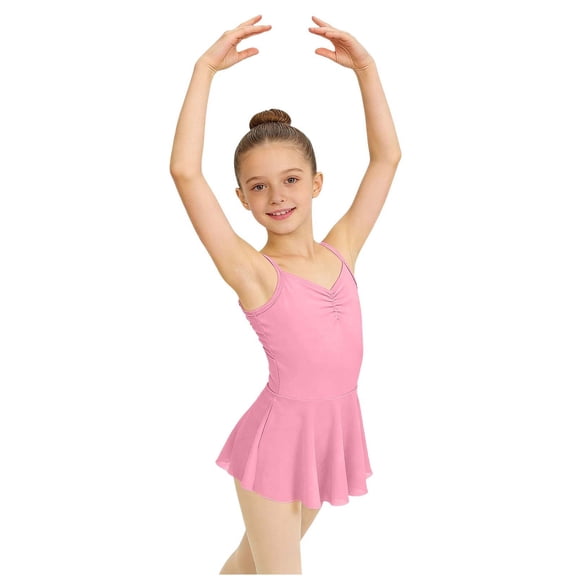 MGDXOX Girls Spaghetti Strap Ballet Dress with Ruched Bodice and Attached Skirt Leotard Dancewear for Practice and Performance Pink 11-12 Years