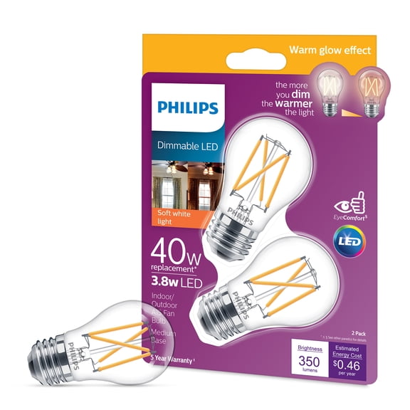 Philips LED 40-Watt A15 General Purpose Light Bulb, Clear Soft White Warm Glow, Dimmable, E26 Medium Base (2-Pack)