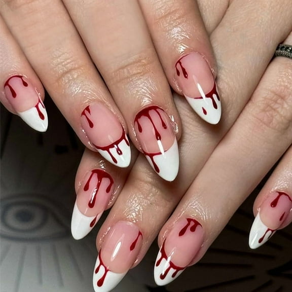 Halloween Long Wearable Nail Art - Blood Drop White French Style, Detachable False Nails