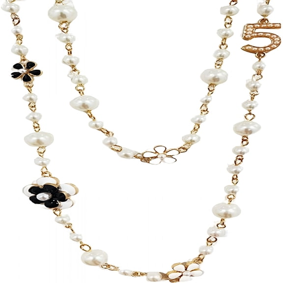 DESIGNICE Imitation Pearl Necklace Camellia Flower Long Layered Charm Sweater Necklace for Women