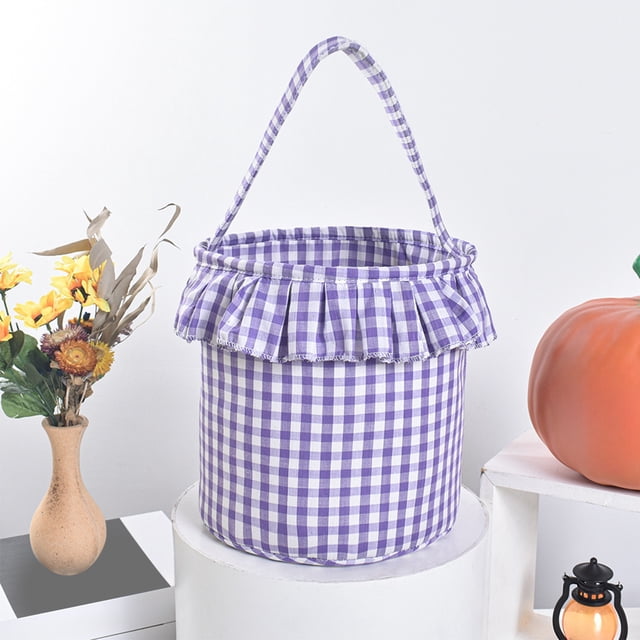 Cesta de tela a cuadros para Halloween con borla - Cesta de mano tipo barril para dulces, decoración y para pedir dulces en Halloween, 22,5 x 22,5 x 23,5 cm, negra, naranja, morada