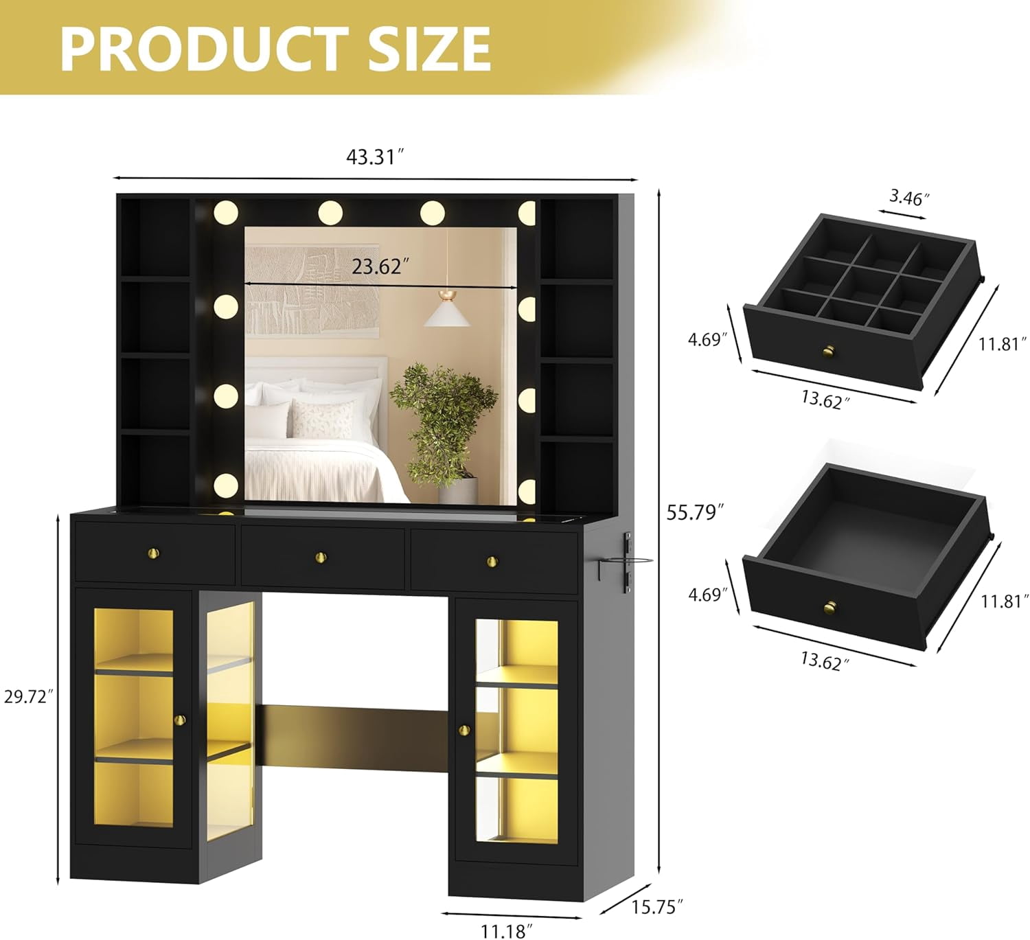 FANRAL Makeup Vanity with Mirror and Lights,Glass Top Vanity Desk with RGB Cabinets,43.5" Large Dressing Table for Women Bedroom,Black Vanity