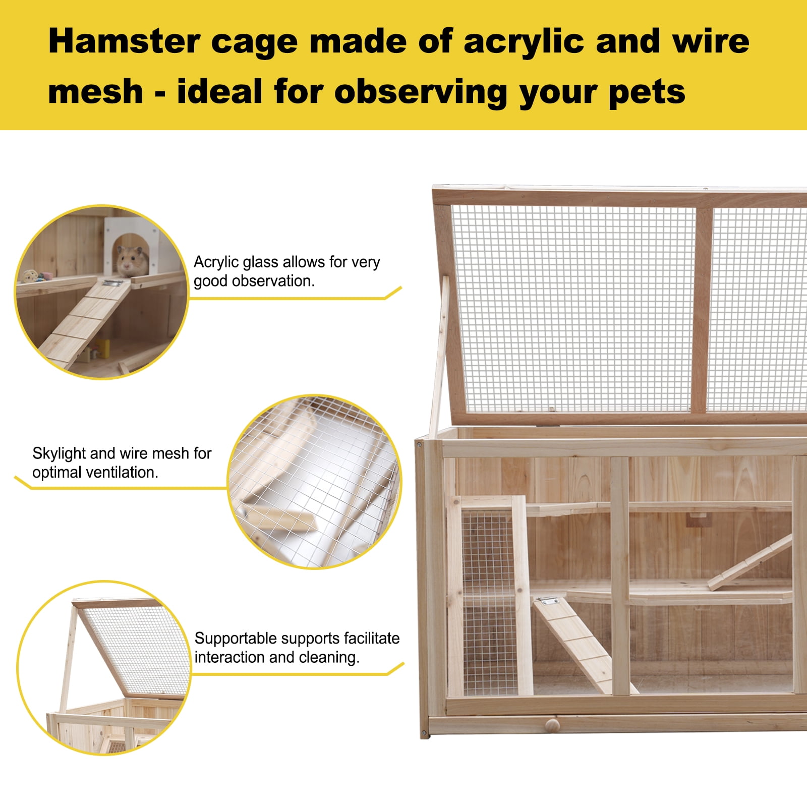 Large Wooden Hamster Cage with Acrylic Windows and Deep Tray, Multi-Level Small Pet Habitat for Syrian Hamsters and Guinea Pigs, Natural