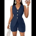 thumbnail image 1 of Conjuntos de Verano de 2 Piezas para Mujer, Sin Mangas, con Cuello en V, Abotonado, Chaleco y Pantalones Cortos con Bolsillos. Azul Marino S, 1 of 10