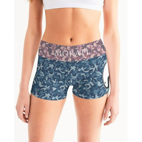 MORATI CAMO BLUE X SKULL HEAD Women's Mid-Rise Yoga Shorts