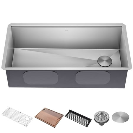 Condition photo showing New/Like New for kraus kore 36 undermount workstation 16 gauge single bowl stainless steel kitchen sink with accessories