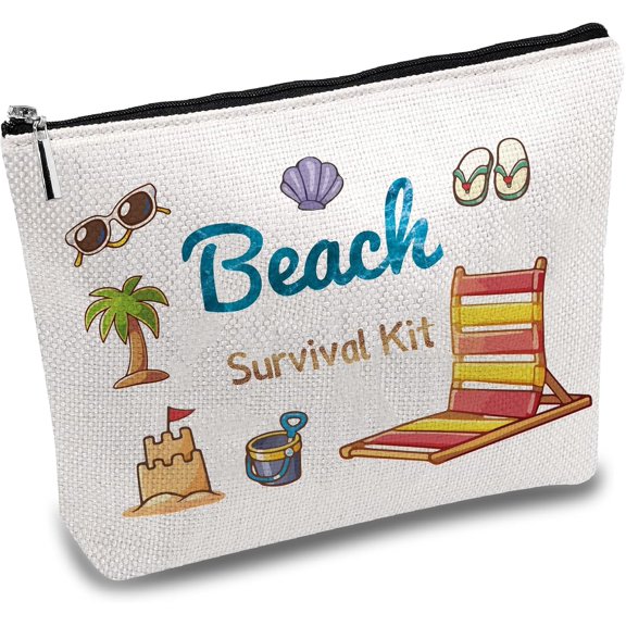 Beach Survival Kit Makeup Bags Polycotton Cosmetic Bag Multi Purpose Pencil Case with Metal Zipper Bag Organizer Toiletry Travel Purse Pouches Makeup Gifts for Daughter Women 10x7Inch
