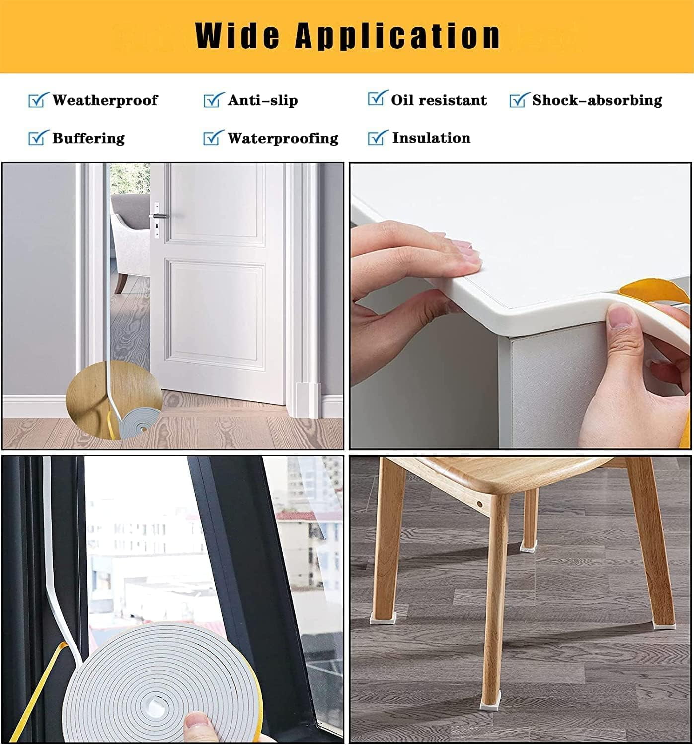 Weather Stripping Door Sweep Seal Strip for Doors Self Adhesive Soundproof Weatherstrip (White, 1/2 Inch X 1/8 Inch X 50Feet)