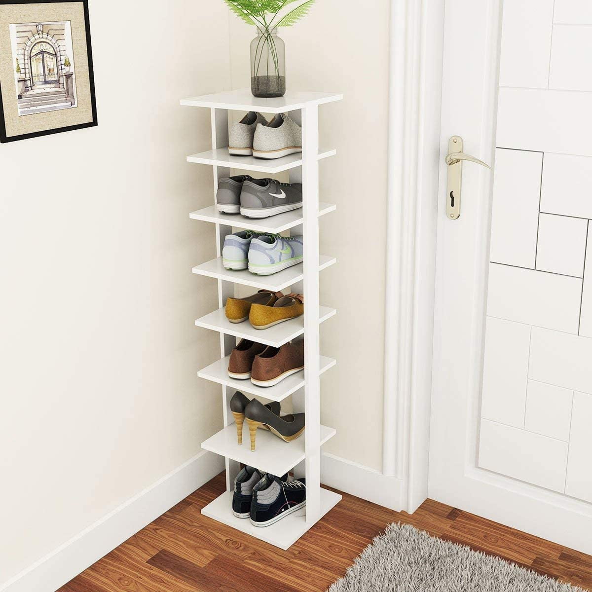 JEROAL Wooden Shoes Rack, 7 Tiers Entryway Vertical Narrow Tall Shoe Rack  for Small Spaces, Stylish Shoe Tower Storage Organizer for Front Door