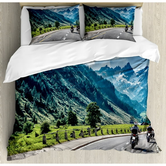 Landscape Duvet Cover Set King Size, Freedom Rebel Life Motorcyclists on Road of Mountain Forest Scenery Image Artwork, Decorative 3 Piece Bedding Set with 2 Pillow Shams, Multicolor, by Ambesonne