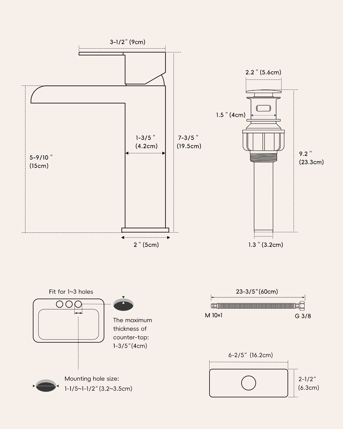 DAYONE Bathroom Sink Faucet Single Handle, One Hole Bathroom Faucet with Pop Up Drain Stopper, Includes Optional 6" Deckplate 1 Hole Stainless Steel Basin Mixer Tap Brushed Nickel