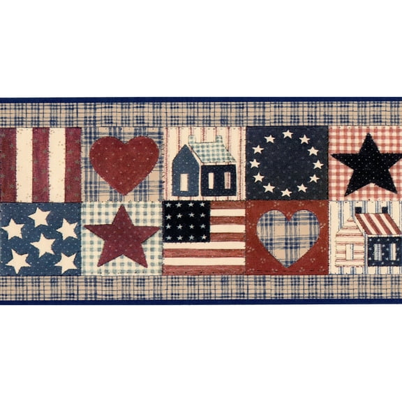 TRIMZ Americana Wallpaper Border , Patriotic Patchwork Quilt Design with Stars Hearts and American Flag Motifs Red White and Blue Pre Pasted 15 ft x 6.8 in