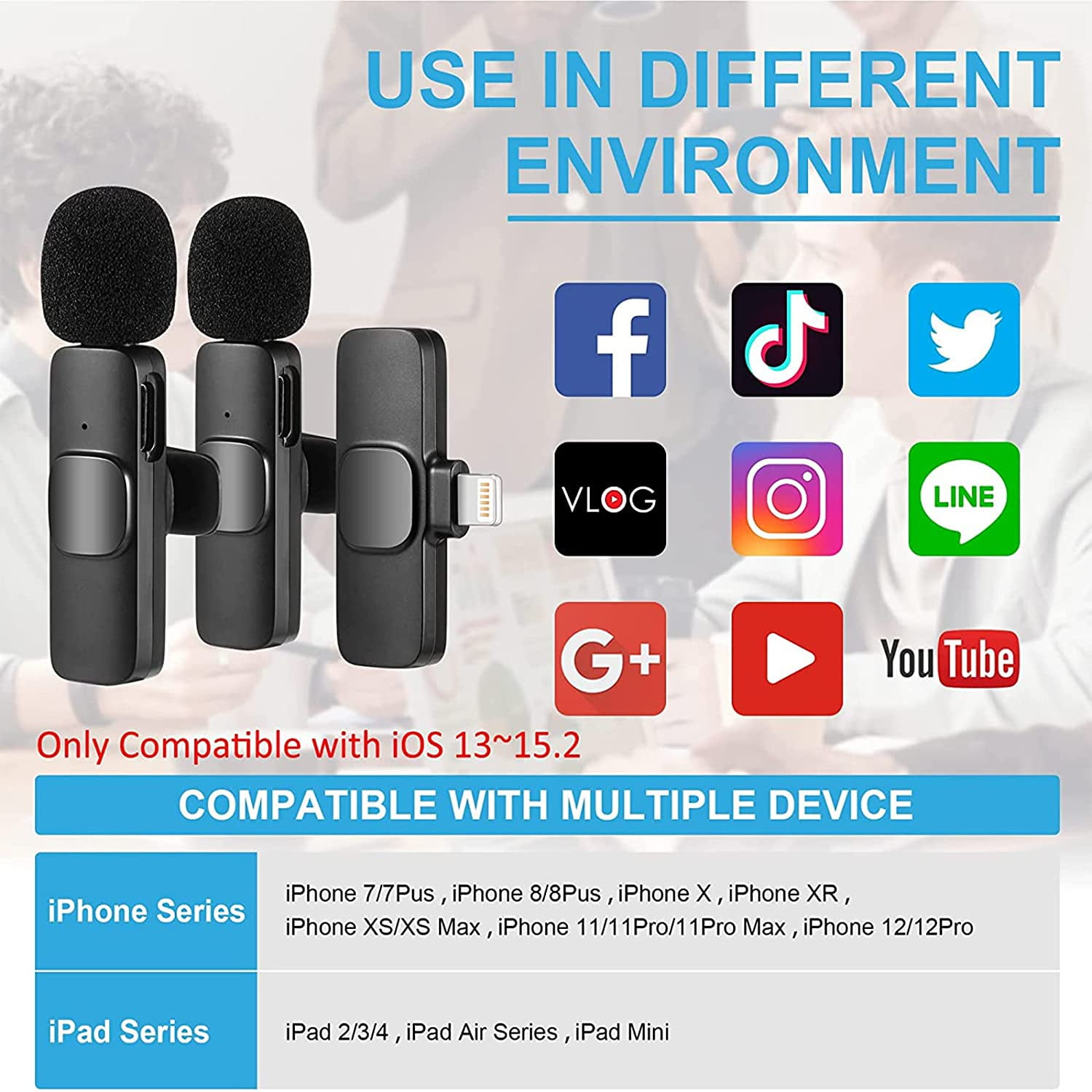 Wireless Lavalier Microphone for iPhone iPad, Plug-Play Wireless Mic for Recording, Live Stream, Noise Reduction Auto-Sync