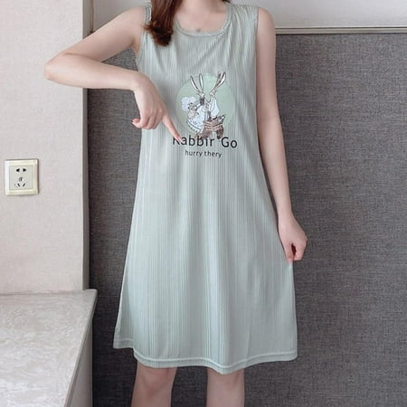 

Women Summer Nightdress Girls Sleeveless Pajama Crew Neck Loose Sleepwear Casual Home Night Gown Korean Version Pajama Cartoon Printing Night Dress with Removable Chest Pad