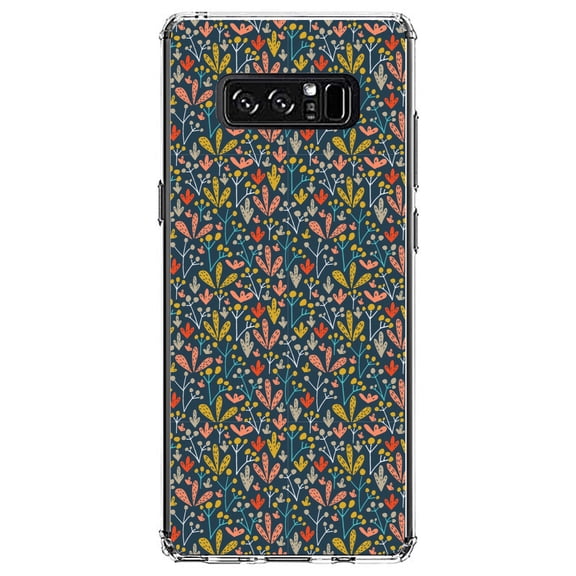 DistinctInk Clear Shockproof Hybrid Case for Samsung Galaxy Note 8 - TPU Bumper, Acrylic Back, Tempered Glass Screen Protector - Modern Floral - Navy Yellow Teal