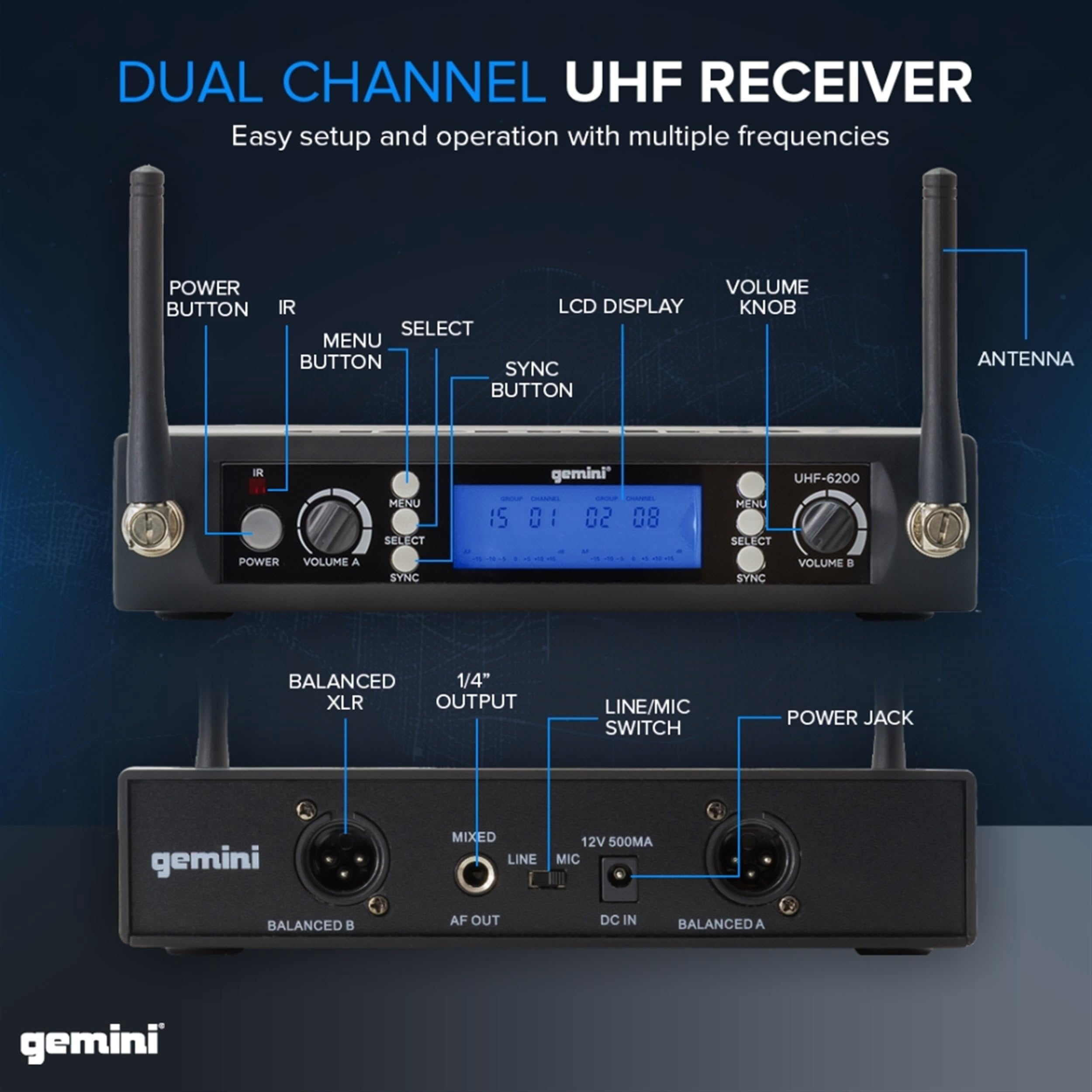 Gemini, 1 Wireless Lavalier Microphone System, UHF Single Channel Receiver Noise-Free, 240 Ft. Audio Range, 512.0-537.5 Mhz, Ultralight, XLR Connector, 2 Headset (UHF-6200HL-R2)