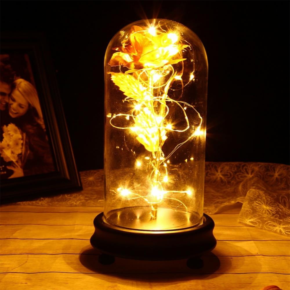 Eternal Rose Dipped in 24k Gold Glass Lamp Dome LED Light Gift Beauty & Beast 