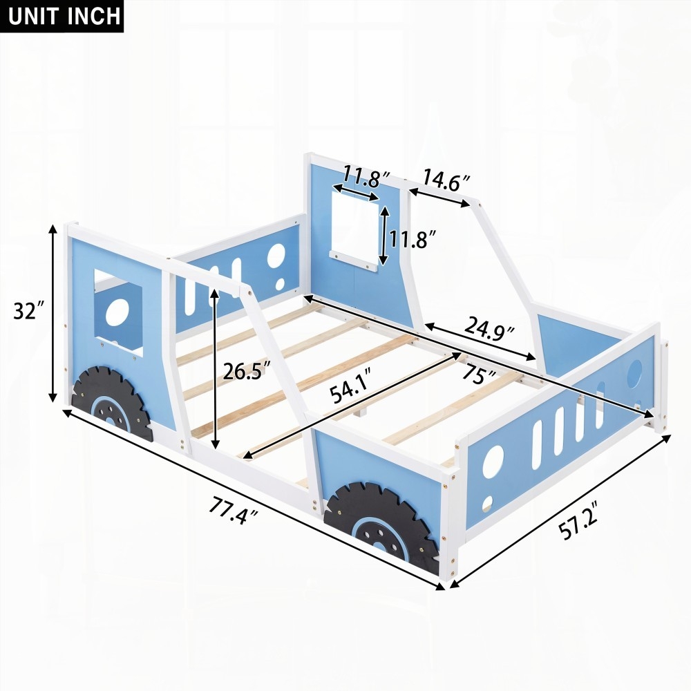 Full Size Blue Classic Car-Shaped Platform Bed with Wheels and Sturdy Pine Wood+MDF Frame