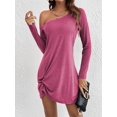 thumbnail image 4 of Womens One Shoulder Tunic Long Sleeve Solid Twist Hem Mini Dress Dressy Casual Loose Spring Summer Dress Rose Red S, 4 of 9