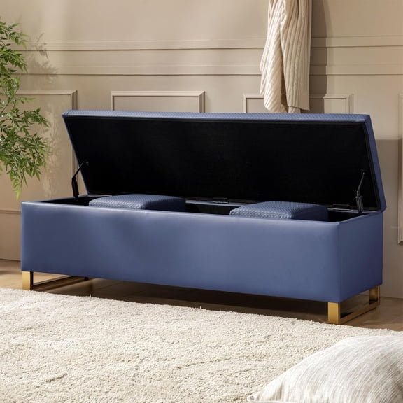 EcoHarbor Storage Ottoman with Throw Ottomans, Modern End of Bed , Upholstered Footrest Stool with Gold Legs for Living, Bedroom, Entryway and Hallway(Navy 60inch)