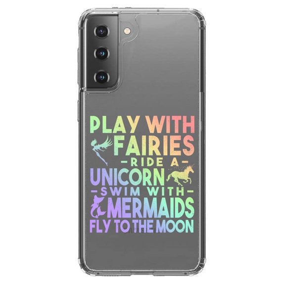 DistinctInk Clear Shockproof Hybrid Case for Galaxy S21 5G (6.2" Screen) - TPU Bumper Acrylic Back Tempered Glass Screen Protector - Play With Fairs Ride Unicorn Mermaids Moon