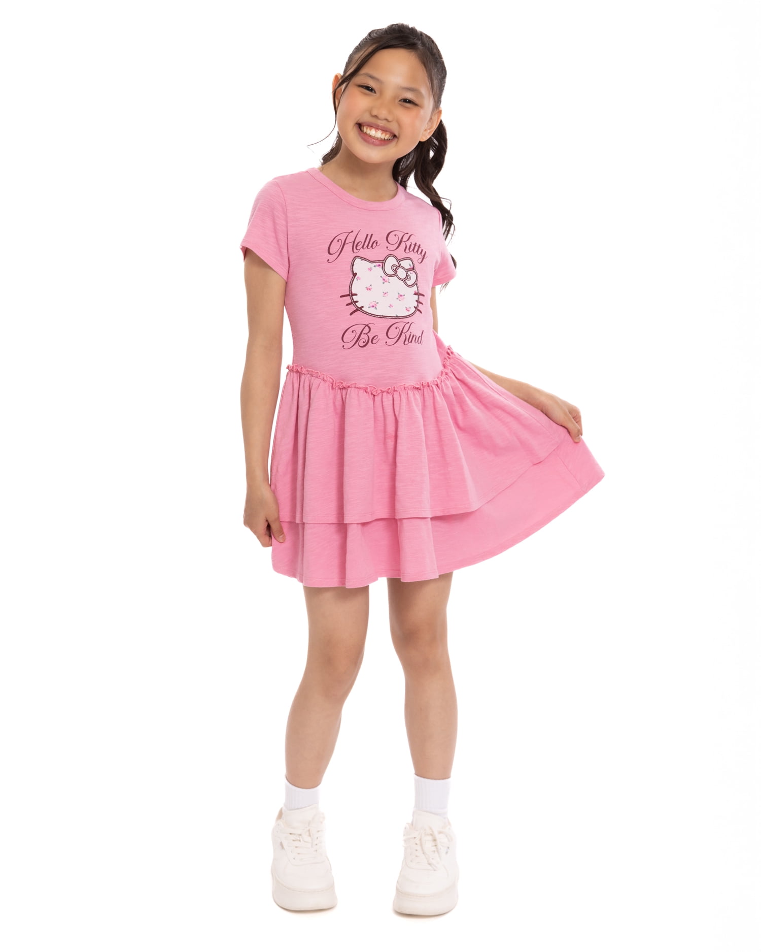 Hello Kitty Girls Tiered Dress with Embroidered Applique and Short Sleeves, Sizes 4-12