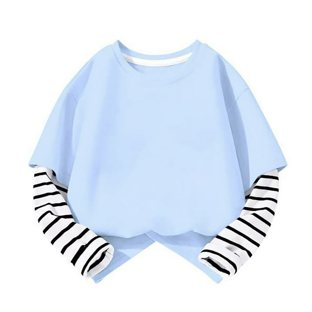 LIJCC Kid Girls Long Sleeve Crewneck Cotton Blend Shirts Casual Color Block Loose Oversized Striped Patchwork Tees Blouse Pullover Fall Basic Sweatshirts