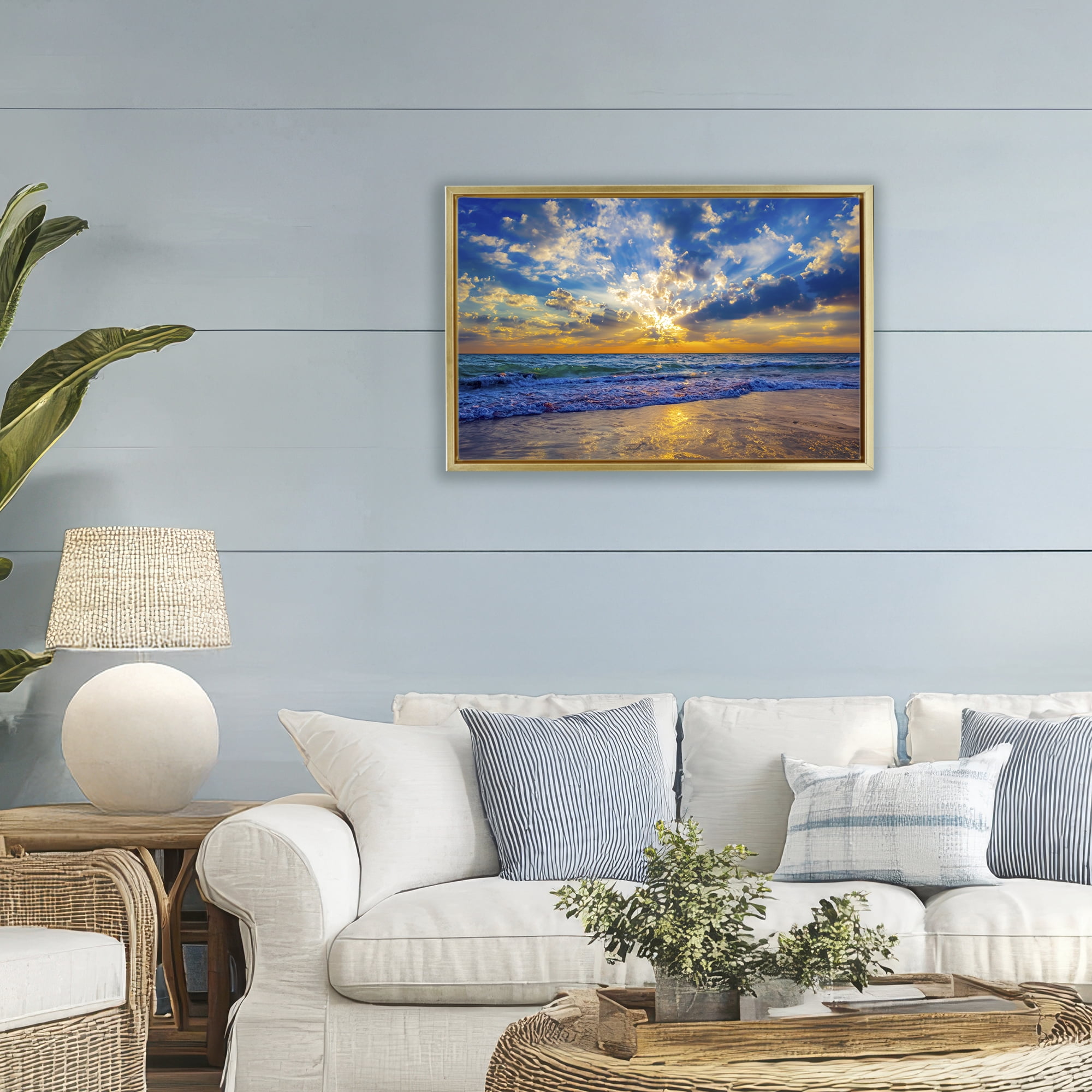 Stupell Industries Golden Blue Sun Ray On Beach Gold Framed Floater Canvas Wall Art, design by Eszra Tanner