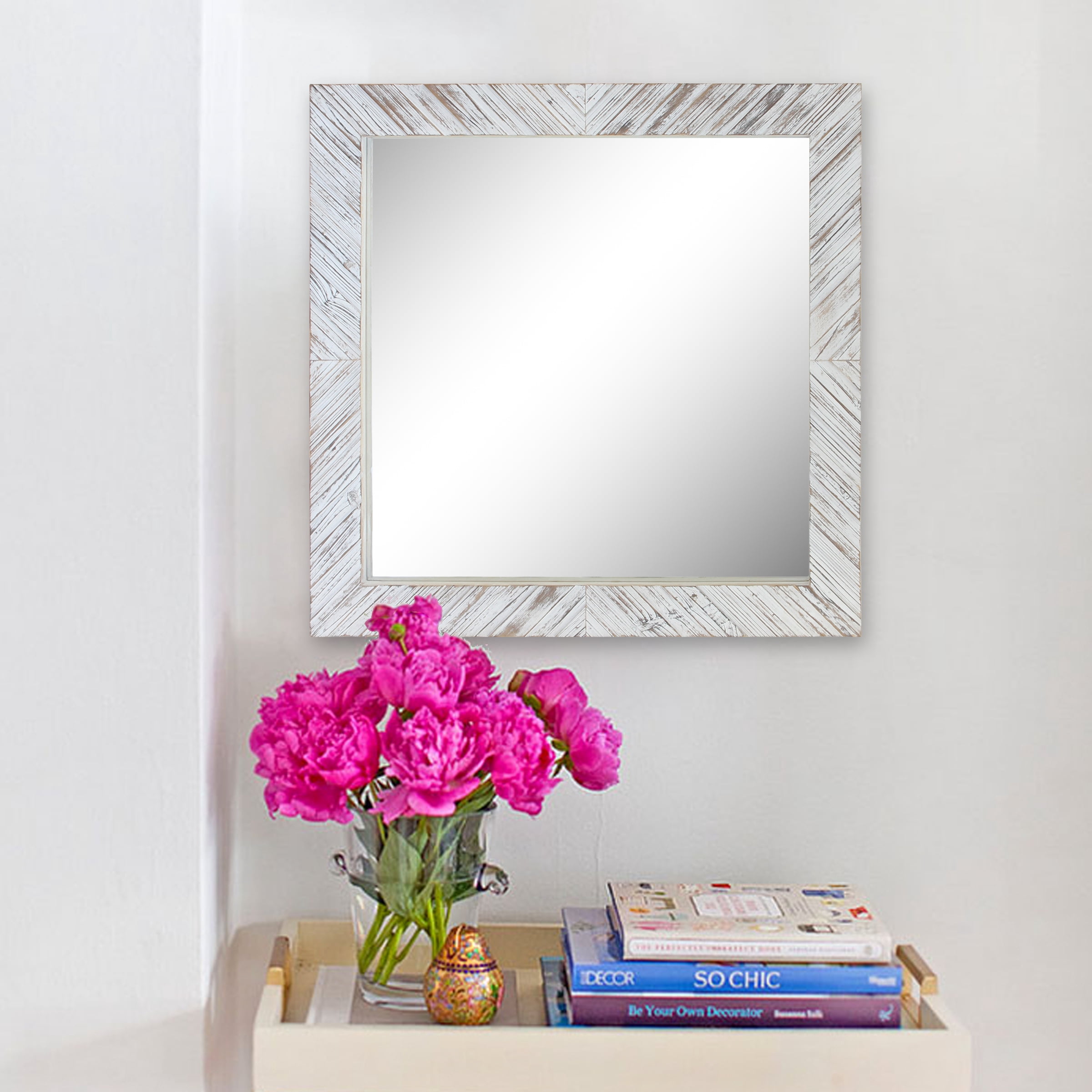 Stonebriar 20" x 20" Off-White Modern Square Wood Chevron Wall Mirror