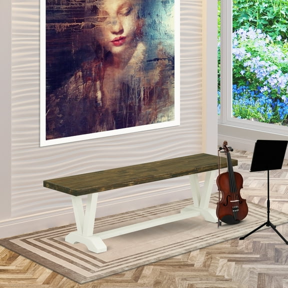 Vintage Dining Bench - Linen White Legs, Distressed Jacobean Top - 15x60 Inch Farmhouse Bench