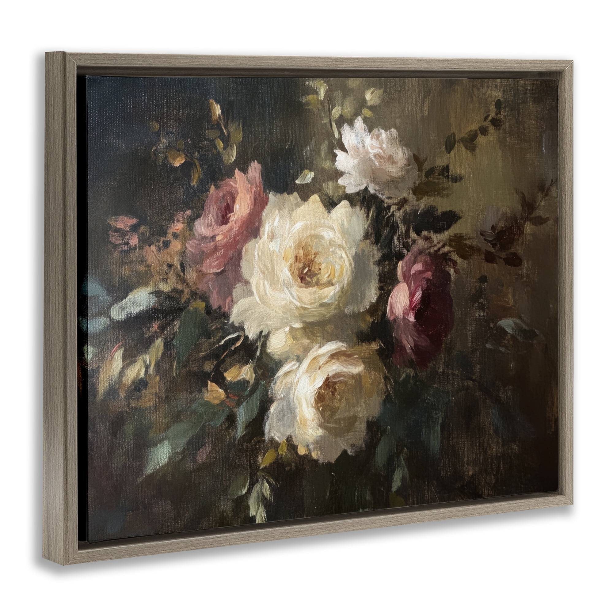 Stupell Industries Dark Still Life Roses Plants & Flowers Painting Brown Floater Framed Canvas Art Print Wall Art, 31 x 25