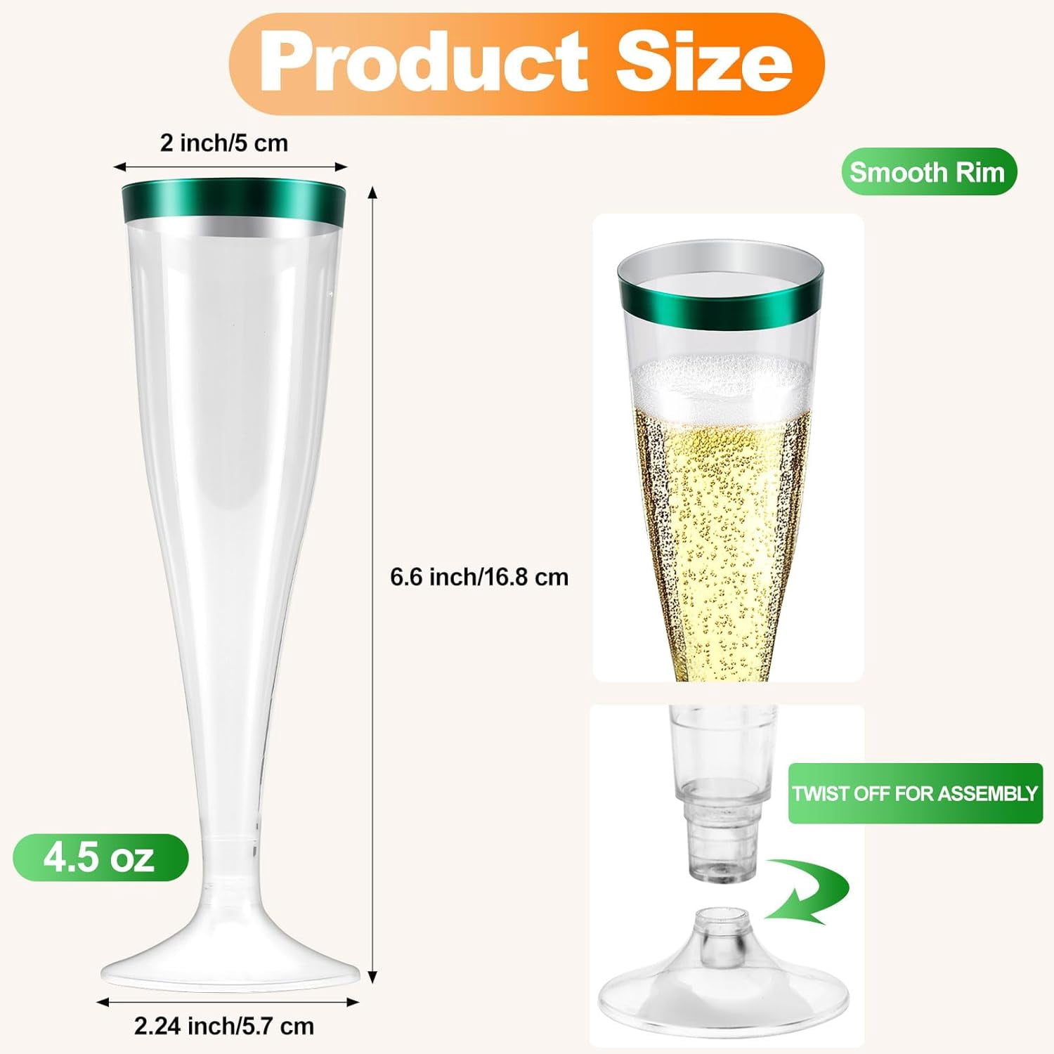 100 Pcs Disposable Plastic Flutes, 4.5oz Clear Champagne Glasses - Ideal for Parties, Weddings & Cocktails - Green