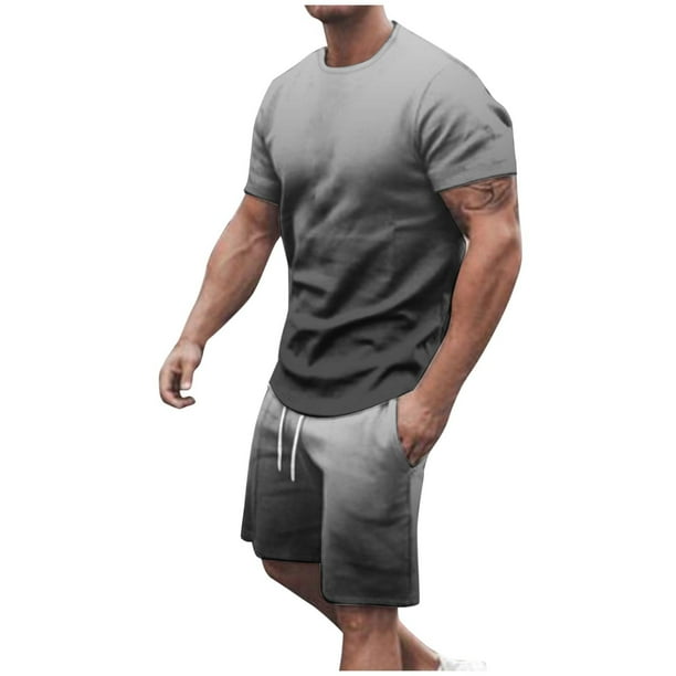 Mens Pantalones Casuales Cuello Redondo Impresión de Manga Corta Blusa Y Pantalones Cortos Traje, Pantalones de Traje para Hombres
