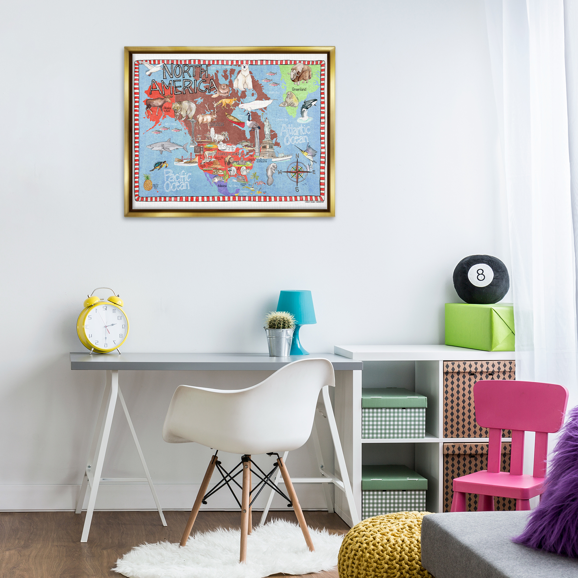 Stupell Industries North America Map Town & City Painting Gold Floater Framed Art Print Wall Art, 31 x 25