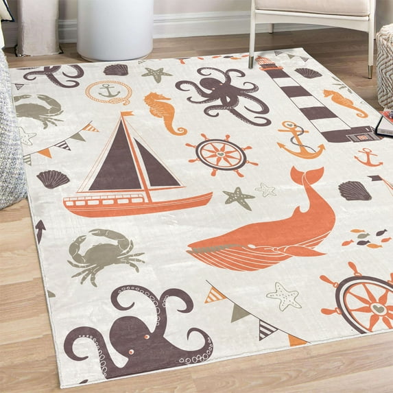 Nautical Decorative Rug, Pastel Colored Composition of Lighthouse Sailboat Fish Shells Octopus, Quality Carpet for Bedroom Dorm and Living Room, 6 Sizes, Dark Mauve and Orange, by Ambesonne