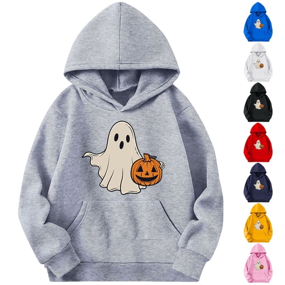 ZVAVZ Boys Girls Halloween Hoodie with Kangaroo Pocket Ghost Graphic Hooded Sweatshirt Cute Pumpkin Printed Pullover Tops Gray 4 Years