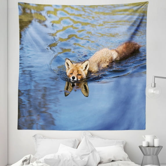 Fox Tapestry, Fox Swimming in Blue River Natural Life Mammal Wild Animal Image Print, Fabric Wall Hanging Decor for Bedroom Living Room Dorm, 5 Sizes, Pale Blue Brown Cream, by Ambesonne